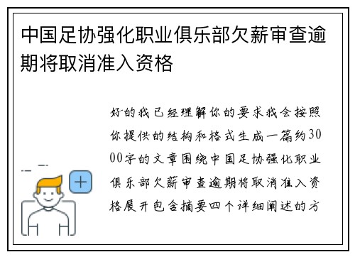 中国足协强化职业俱乐部欠薪审查逾期将取消准入资格 中国足协强化职业俱乐部欠薪审查逾期将取消准入资格